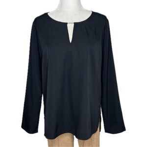 NEW Banana Republic Blouse Long Sleeve Keyhole Split Neck Side Slit Black Medium